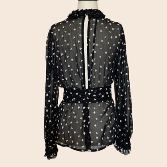 Zara Black & White Floral Embroidered Sheer High Neck Long Sleeve Top Size XS - Picture 7 of 13